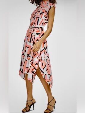 Karl Lagerfeld Pink Black White Geometric Midi Dress with Belt